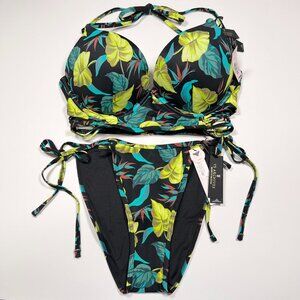 Victorias Secret 34DD S Longline Bombshell Bikini Top Bottom Set Black Green